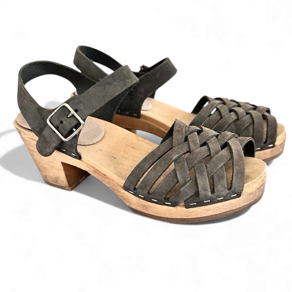 Swedish Hasbeens Gray Leather Weave Sandals
